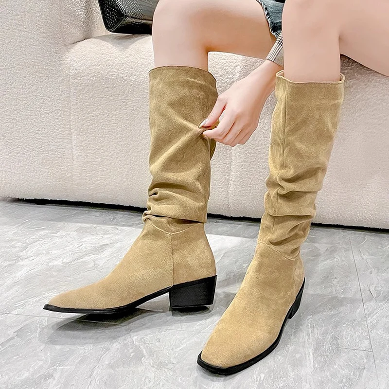 

New Khaki Square Toe Knee-High Boots Chunky High Heels Women Knights Boots Suede Pleated Long Boots Fashion Botas de mujer