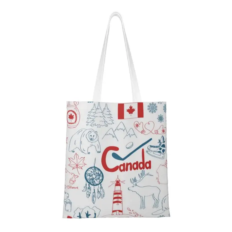 

Flag Of Canada Groceries Shopping Bags Kawaii Printed Canvas Shopper Shoulder Tote Bags Big Capacity Durable Maple Leaf Handbag