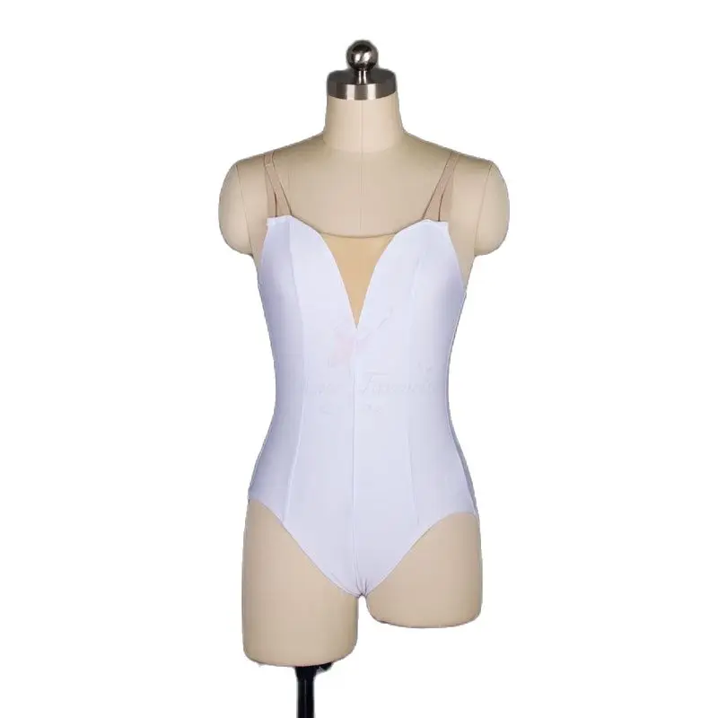 Free Shipping White Spandex Ballet Dance Leotard with V Nude Insert Dancewear for Women Bodywear Plain Leotards Nude Strap 18579