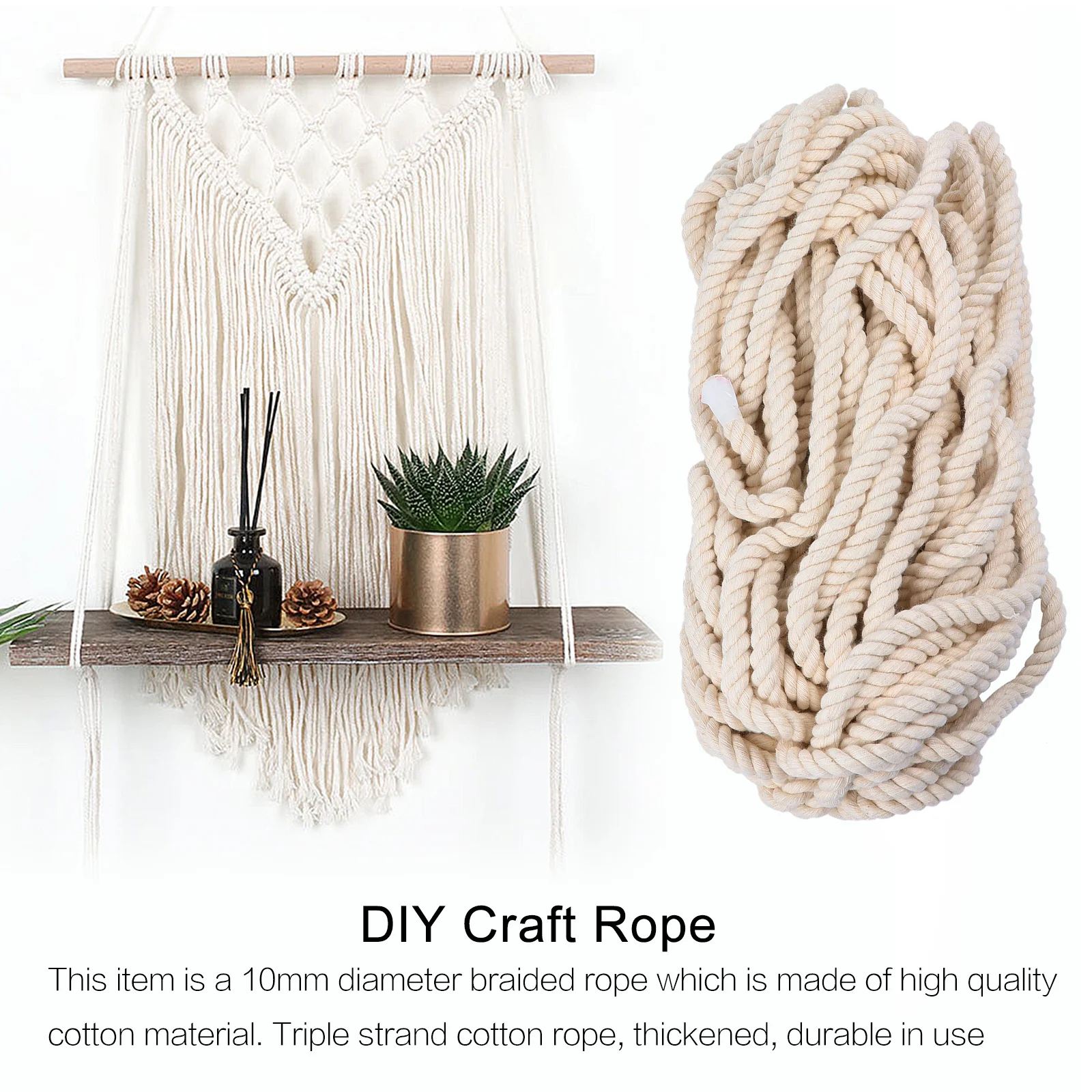 

10mm Diameter Thick Triple Strand Cotton Rope Durable Braided Rope for Decorative Handmade Crafts Party Supplies