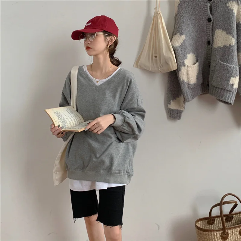 Sweatshirt Women Long Sleeve Korean Streetwear 2022 New Fashion Autumn Solid Color V-Neck Thin Pullover Tops