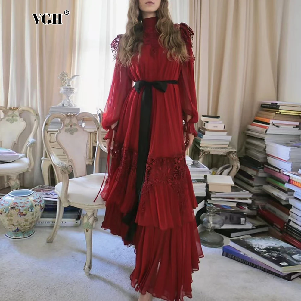 VGH Hit Color Vintage Cocktail Party Dress for Women Stand Collar Patchork Lace Hollow High Waist Irregular Prom Dresses Female