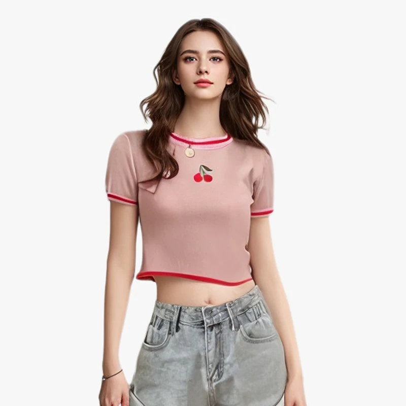 Pearl Diary Summer Contrast Color Stripe Cherry Embroider Top Women Short Round Collar Kuitting T-Shirt Thin Cute Young Girl Top