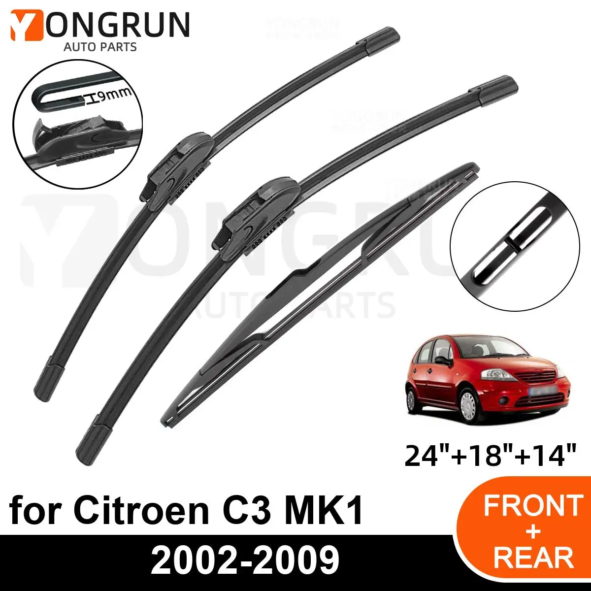 3PCS Car Wiper for Citroen C3 MK1 2002-2009 Front Rear Windshield Four Seasons durable Accessories 2002 2003 2009