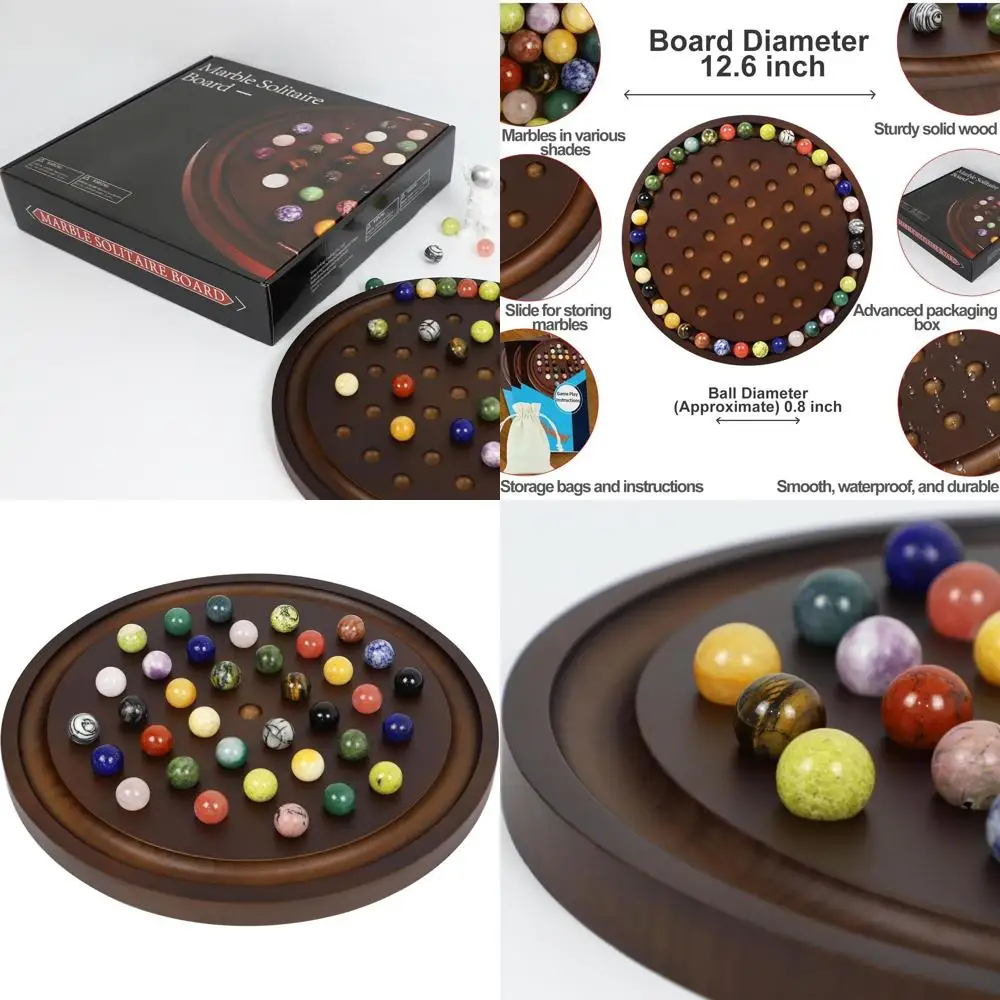 

Handcrafted Walnut Solitaire Marble Game Set with 36 Natural Stones for Adults' Classic Board Game Night