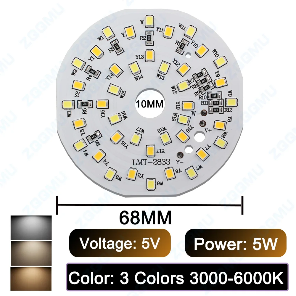 Płytka LED Lampki Nocnej 3W 5W DC 5V Płytka Świetlona Monochromatyczna Okrągła SMD 2535 Płytka Źródła Światła LED
