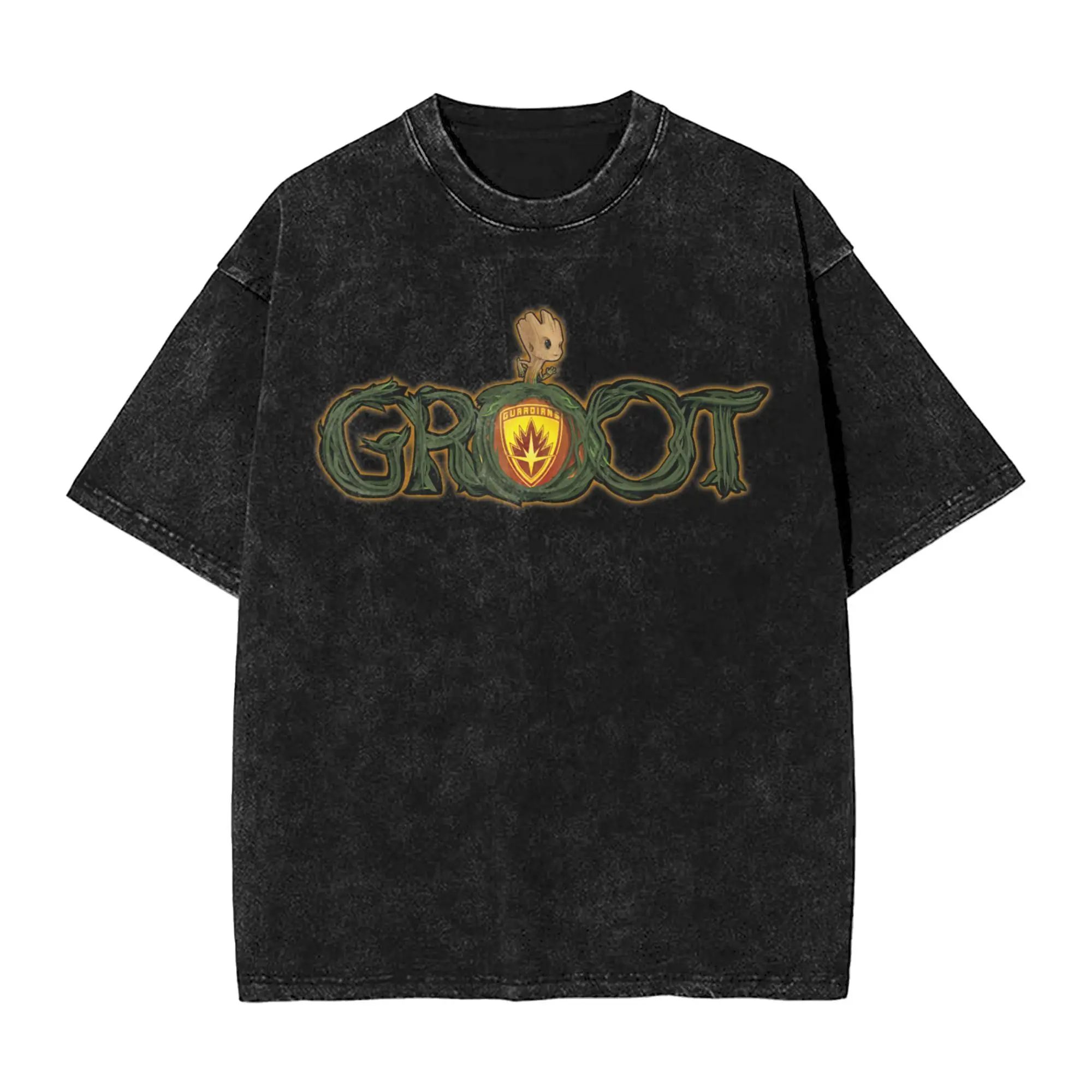 

Unique Guardians Of The Galaxy Groot Branch Logo T-Shirt for Men Crewneck Pure Cotton Washed T Shirts Short Sleeve Tees Tops