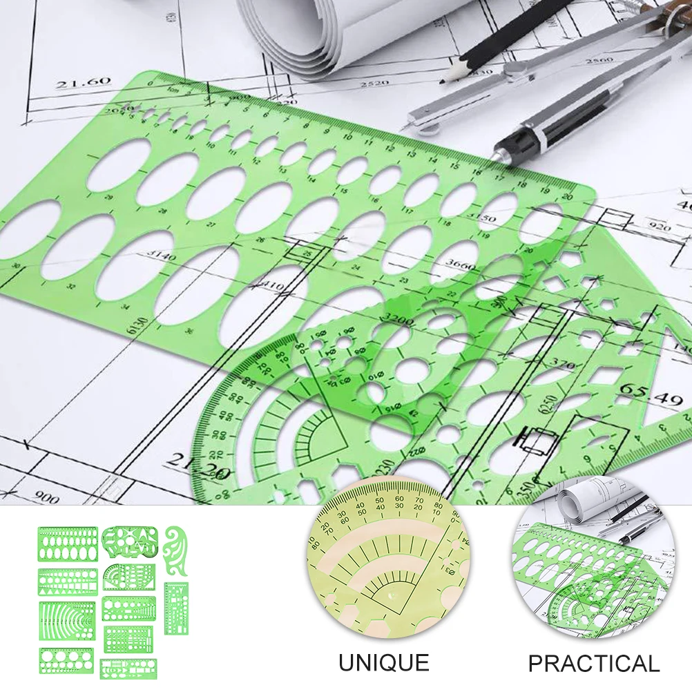 11 peças modelos de desenho conjunto de estêncil geométrico plástico leve design ferramentas de medição para arquitetos estudantes crianças