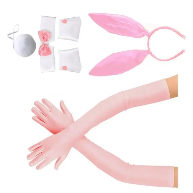 652F Costume da ragazza copricapo sexy con orecchie coniglio in peluche, fascia per capelli, coda, papillon, 5 pezzi