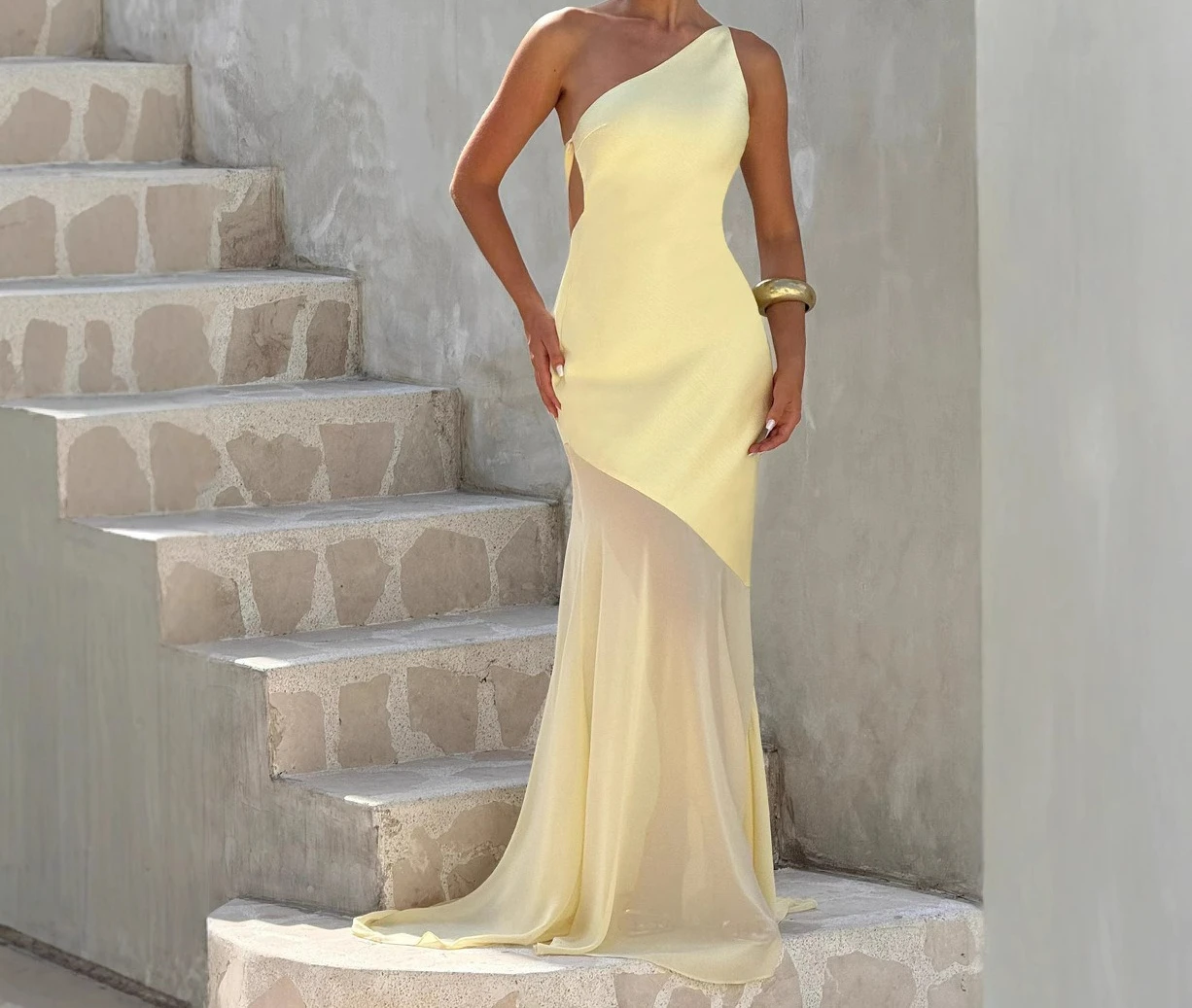 Women's Slanted Shoulder Sleeveless Backless Dress Slim Fit Sexy Strap Mesh Dress