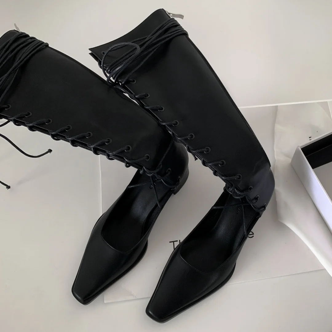 Women's genuine leather lace-up back zip summer knee high boots 6cm thick med heel punk female long boots summer sandals shoes