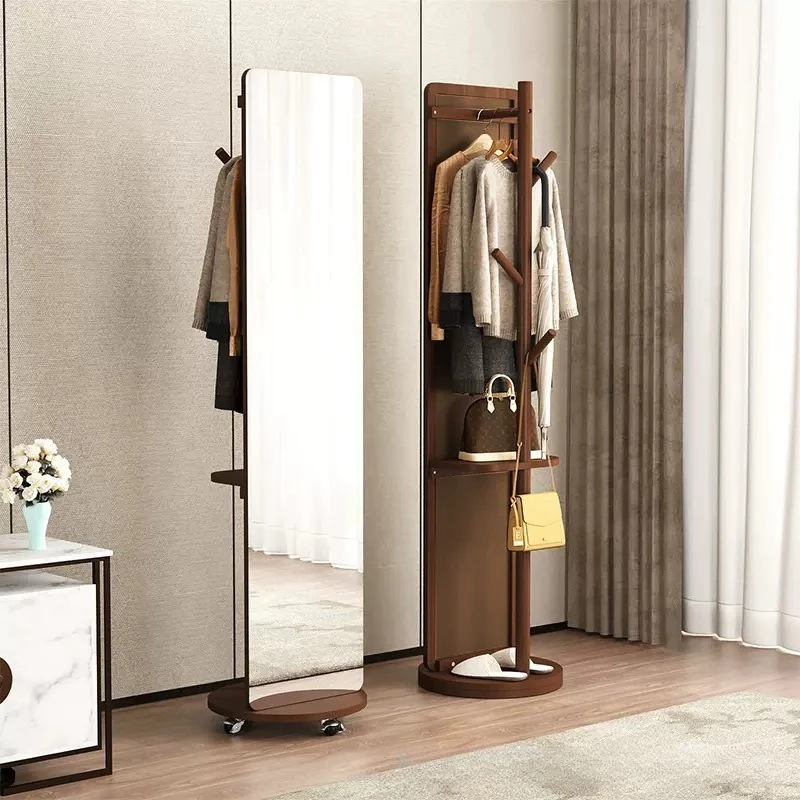 Full body dressing household floor mirror bedroom rotatable movable solid wood with hanger girls fitting mirror