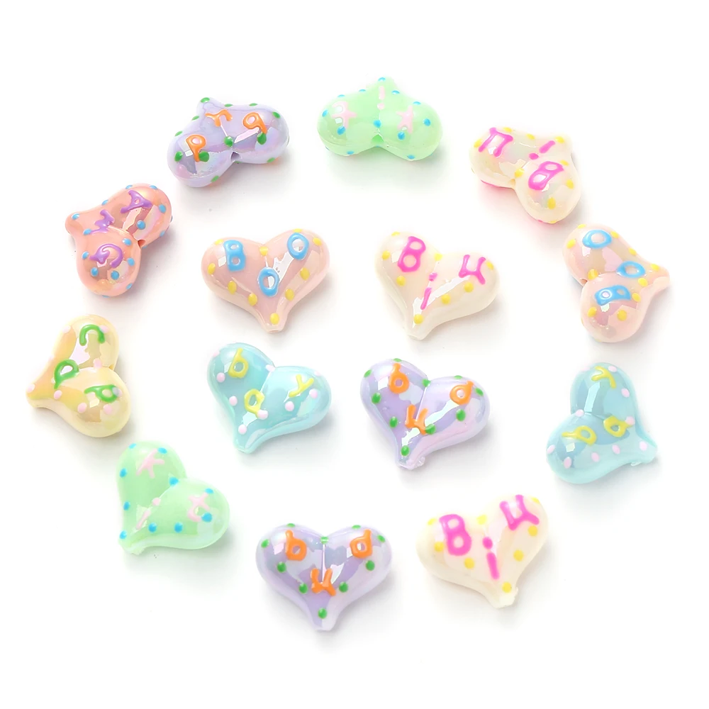 17X22mm 5pcs Acrylic Heart-shaped Hand Drawn Pattern AB Shiny Spacer Beads for Jewelry Making Keychian Phone Chain Beaded Pen
