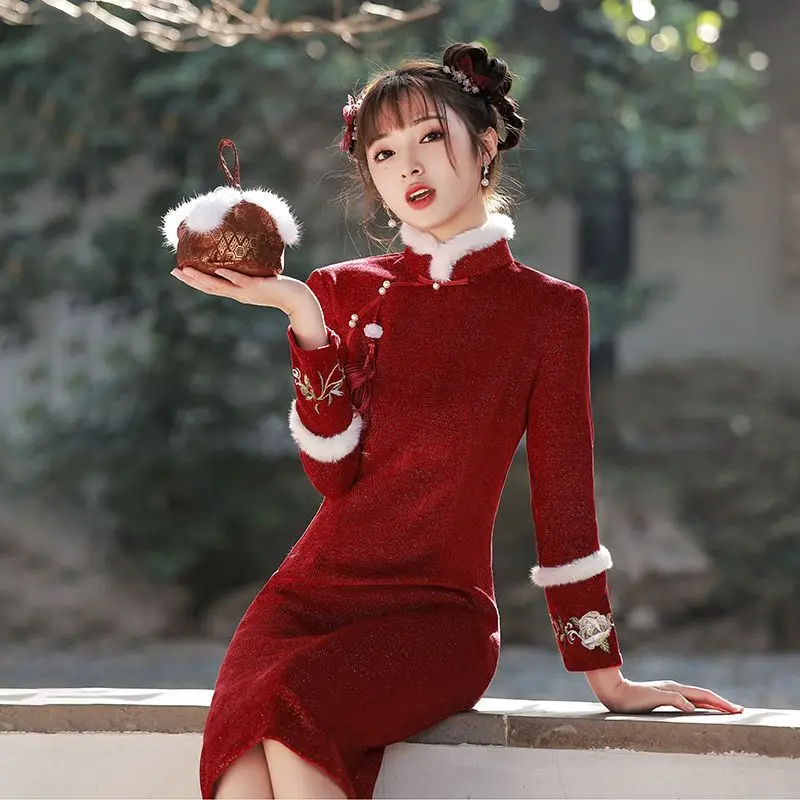 

Chinese New Autumn Winter Thick Modern Improved Retro Embroidery Cheongsam Traditional Qipao New Year Qipao Dress For Women