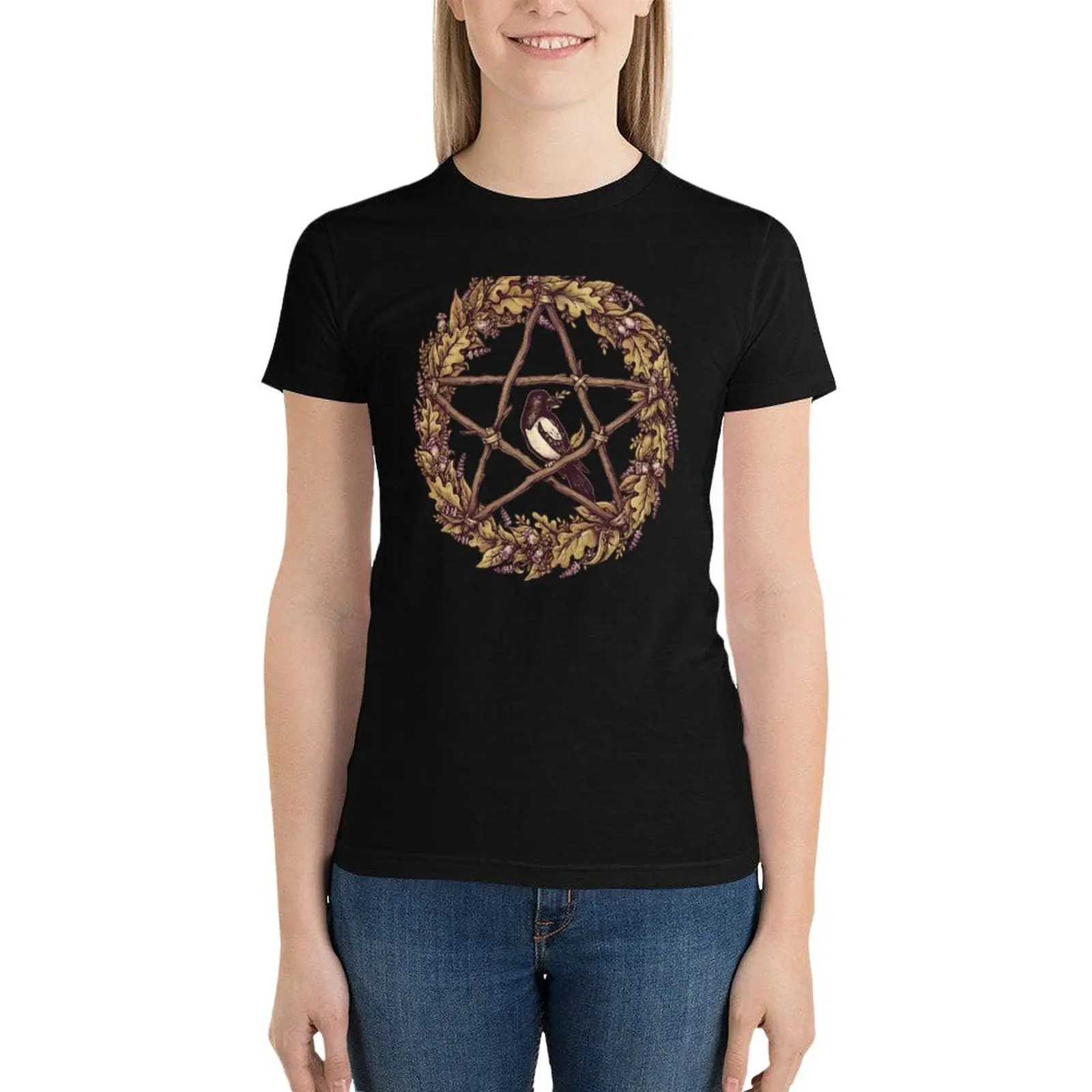 Botanical Pentacle Wreath Witch T-Shirt summer tops female Women's clothing