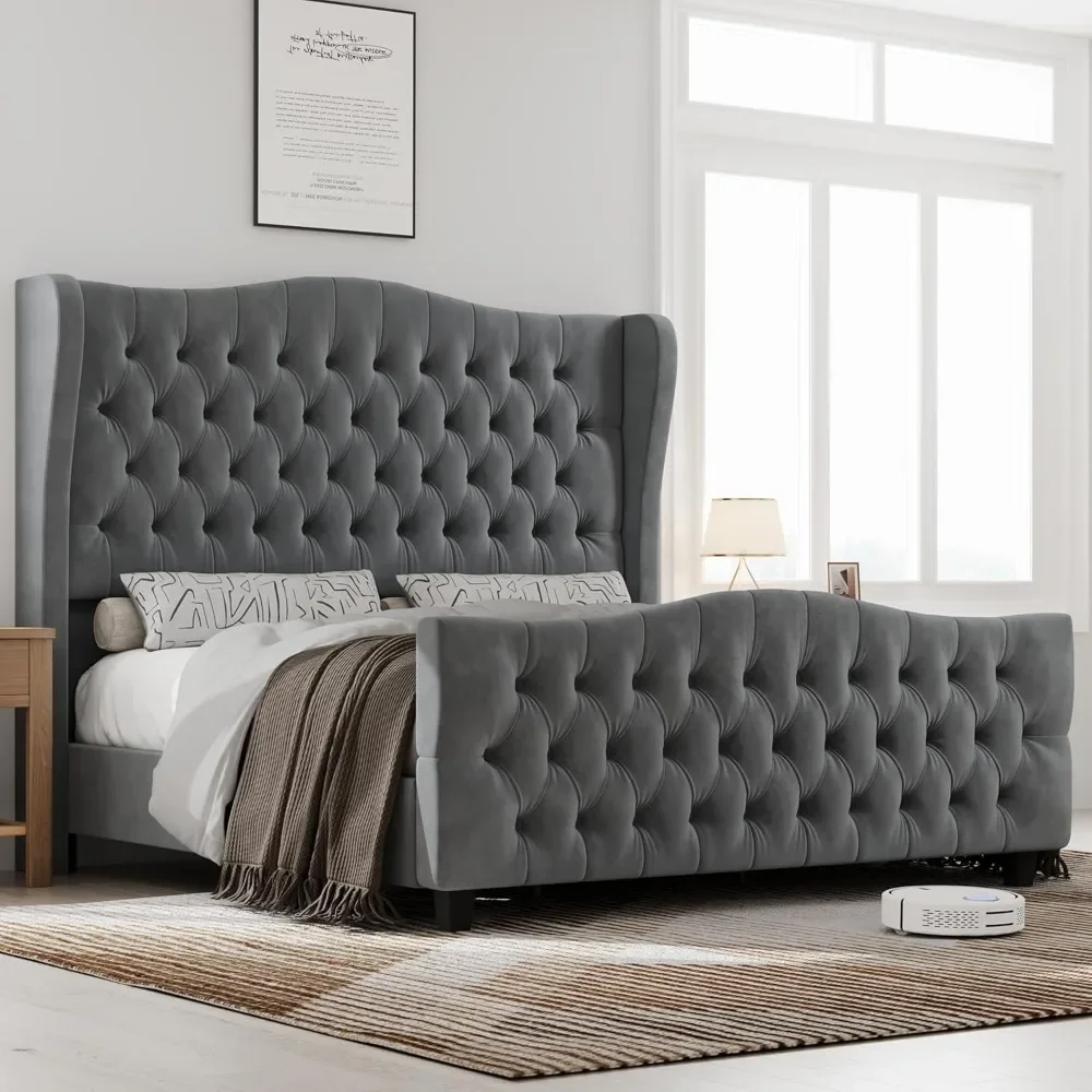 Size 54.3” Tall Platform Bed Frame with Deep Button Tufted Wingback Headboard and Footboard, Velvet Upholstered Bed Frame