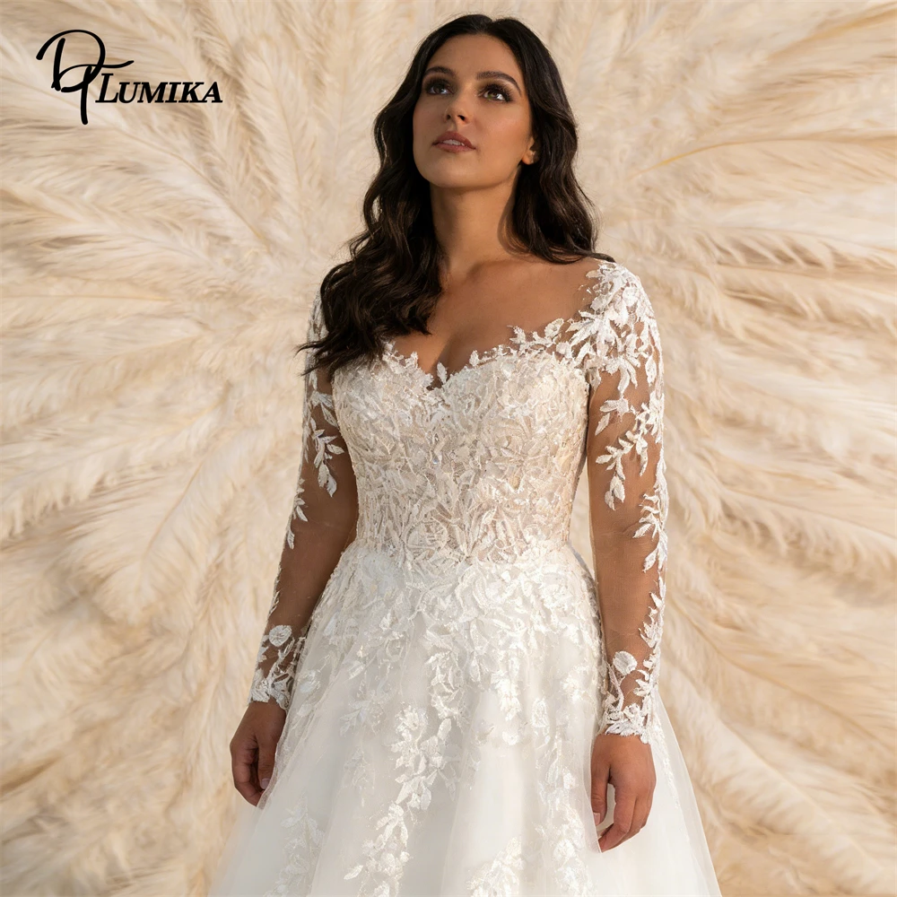 

Plus Size Avaliable Lace Wedding Dress A Line Long Bride Dresses Tailored Fitting Full Illusion Sleeves Bridal Gown