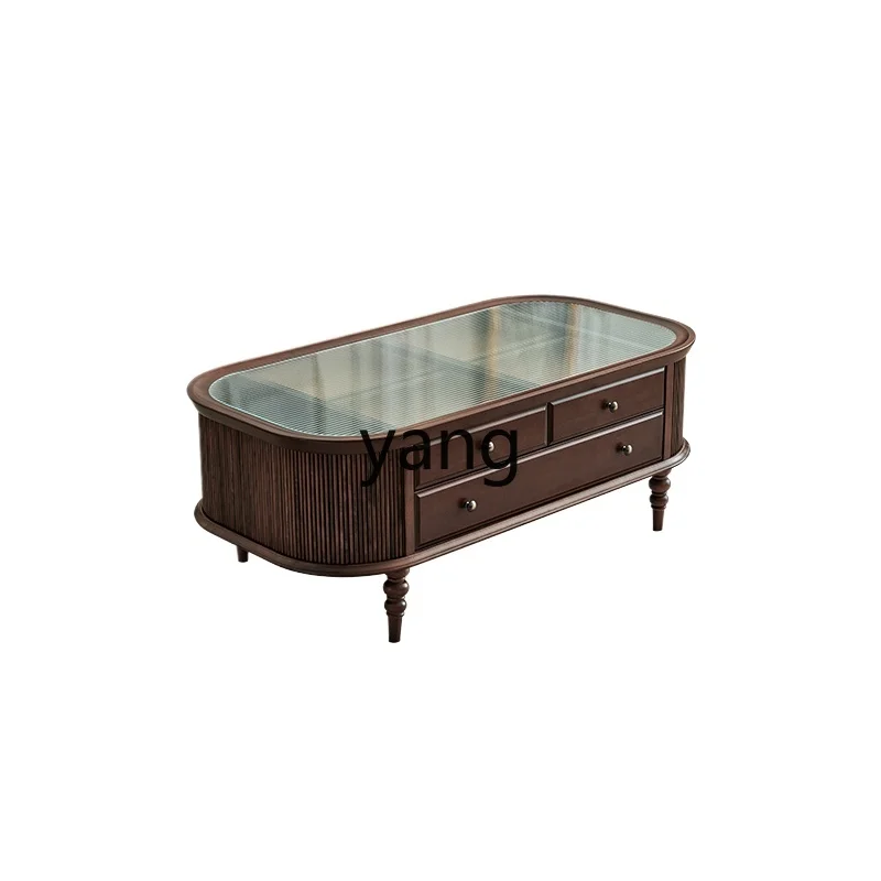 

Yjq Retro Coffee Table Solid Wood Oval Tempered Glass Home Living Room