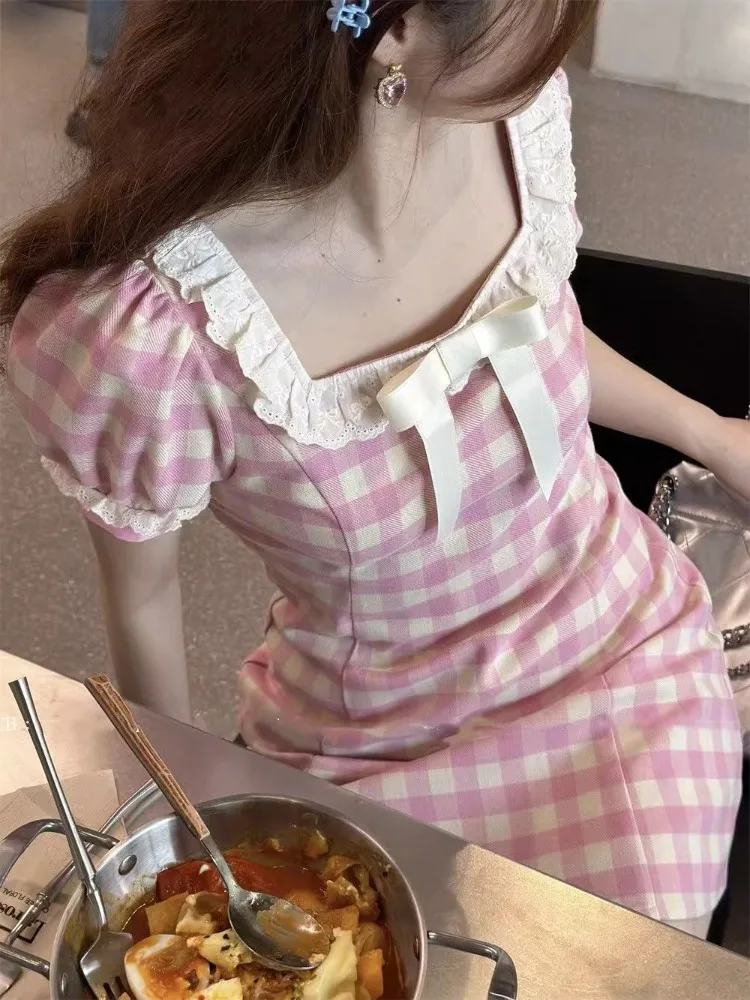 

College Style Plaid Square Neck Dresses Women Sweet Slim Fit Lace Puff Sleeve Dress Women Korean Fashion Design Pink Dress 2025