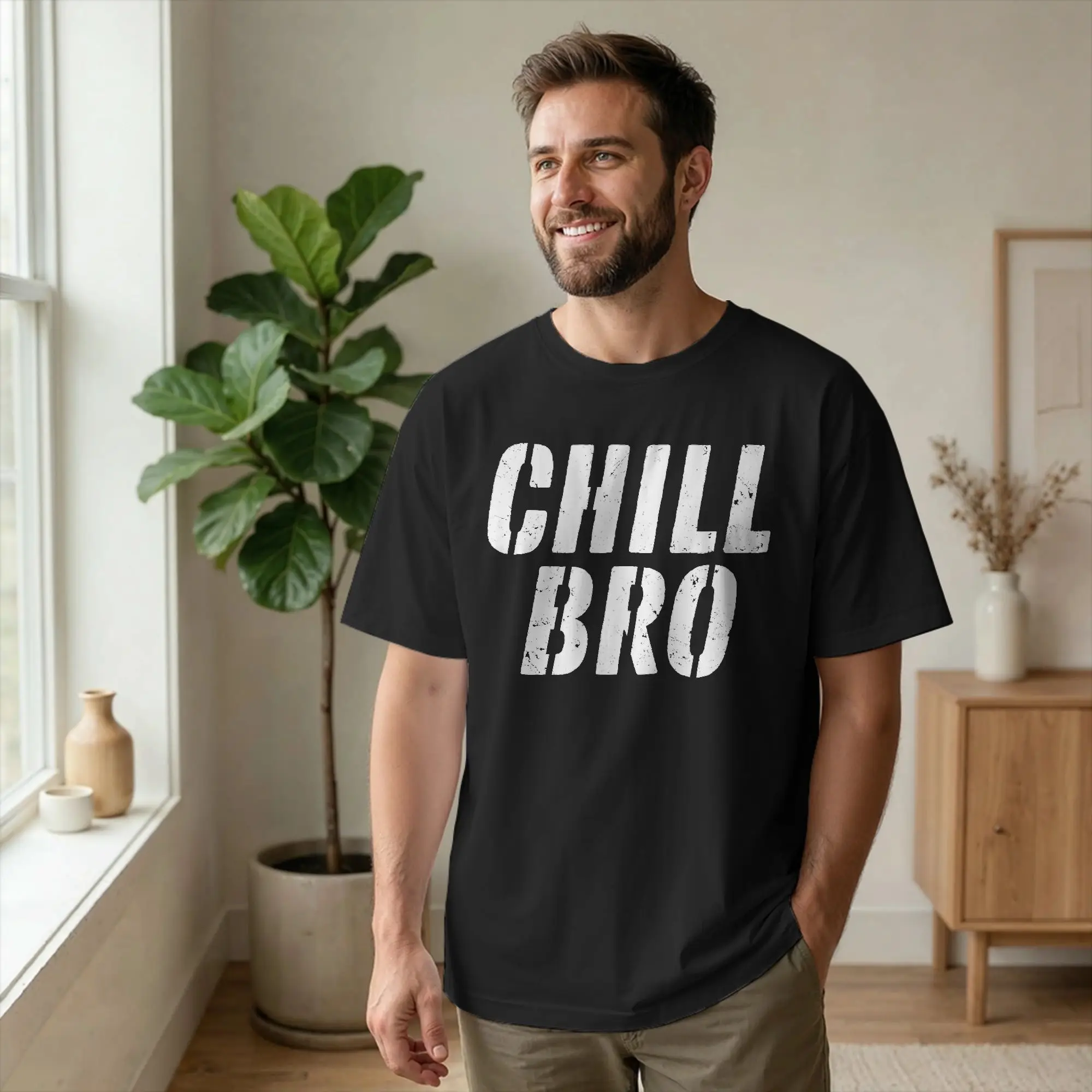 Men's T-Shirt Chill Bro Relax Just Chilling Casual 100% Cotton Tee Shirt Short Sleeve Funny Meme T Shirt Crew Neck Clothing Gift