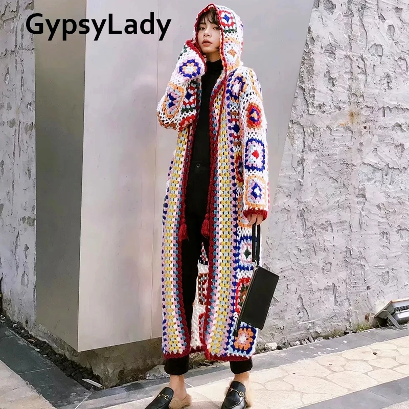 GypsyLady Handmade Knitted Sweaters Long Cardigan Hippie Boho Mohair Coat Long Sleeve Ethnic Chic Ladies Hooded Coats Autumn