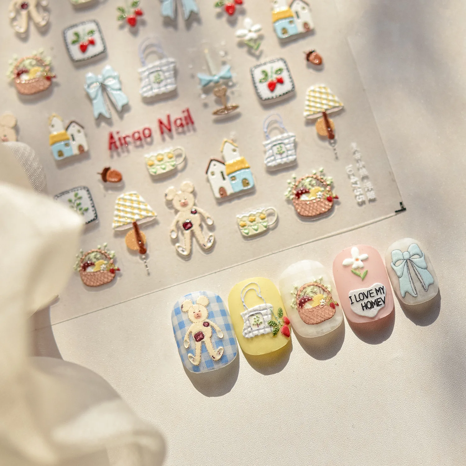 Relief Bear Bowknot Strawberry Flower Basket Candle 5D Nail Art Sticker Cute Vintage Self Adhesive Decoration Manicure Decal DIY
