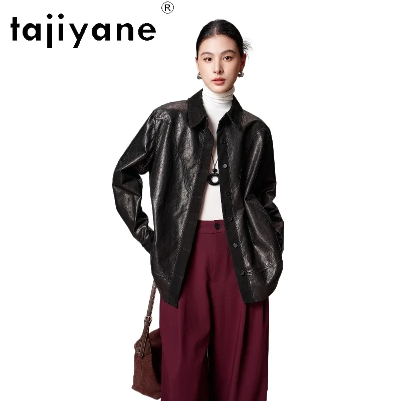 TAJIYANE Oil‑Waxed Goatskin Genuine Leather Jacket Woman Mid‑Length Loose Trench Coat Autumn Shirt Coats Women Clothes 2026 가죽자켓