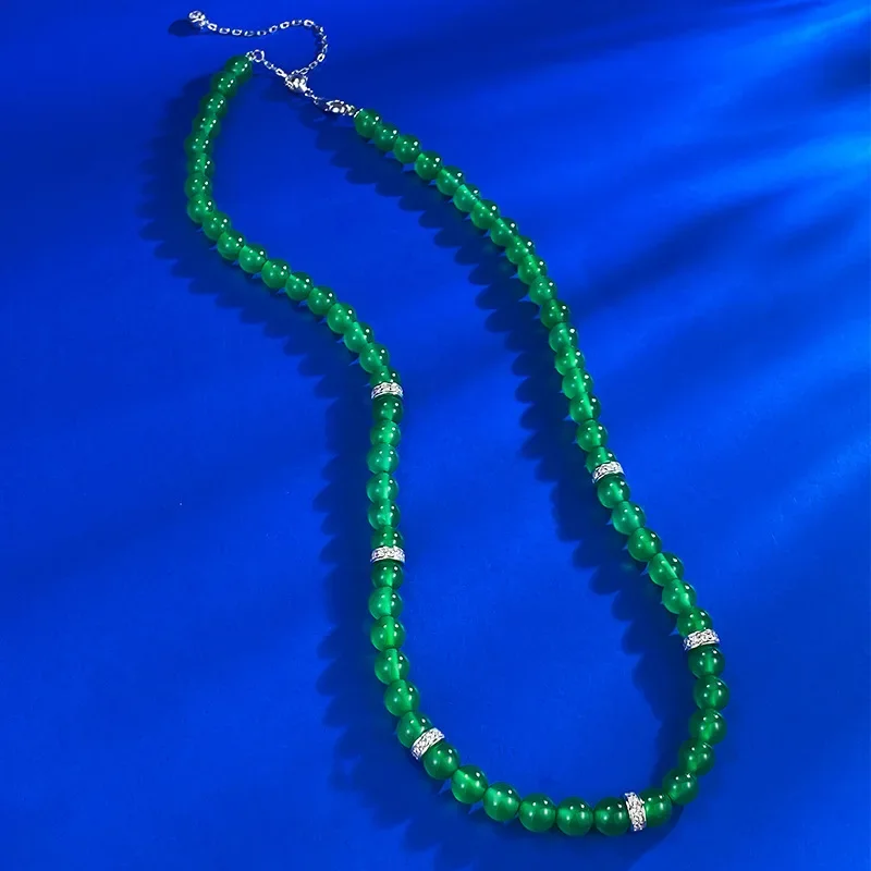 

Green Jade Marrow Bead String Ice Emperor Green Silver Inlaid Pendant Versatile 6.0mm Full String Necklace 40+8 Wedding Jewelry