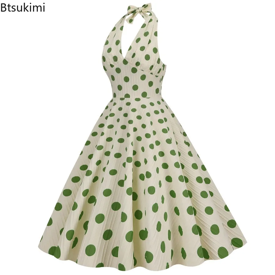 Nouveau 2025 femmes d'été à pois Rockabilly robe Vintage licou col en v profond sans manches dos nu robe de plage décontractée pour les femmes