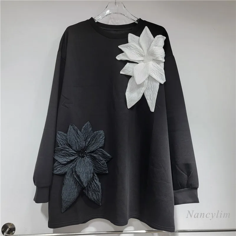 Black Heavy Industry Three-dimensional Flower Hoodies Woman Spring Autumn New Loose Large Size Pullover Hoodies Street Top