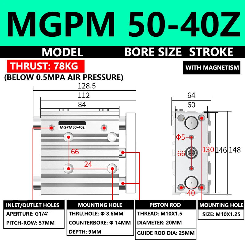 

ABILKEEN MGPM Series Pneumatic Compact Guide Cylinder MGPM50-40Z 50MM Bore X 40MM Stroke Thin Three Axis Three Rod Air Cylinder