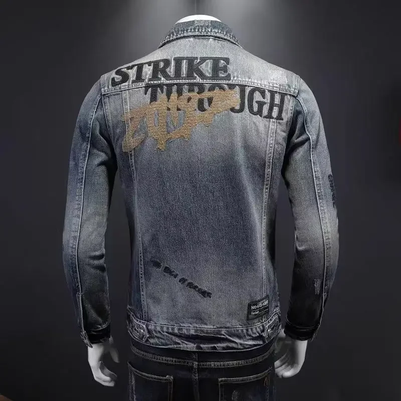 New men's denim jacket fashion casual lapel handsome motorcycle jacket high street retro trend loose denim top men's clothing