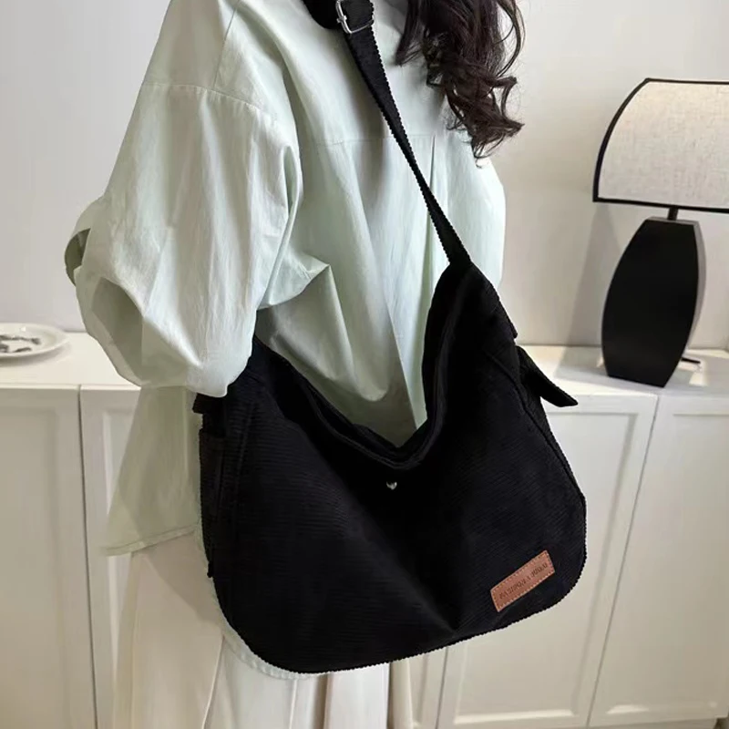 Fashion New Corduroy Tote Bag Women\'s Large Capacity Student Classroom Bag White Simple and Versatile One Shoulder Crossbody Bag