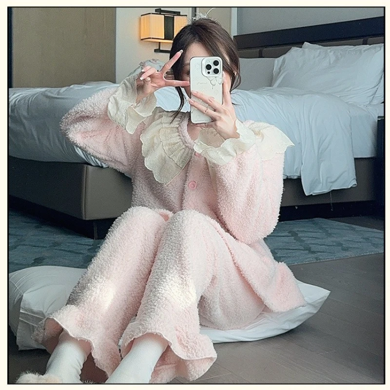 

M-2XL Korean Sweet Flannel Plush Homewear Winter Thick Warm Coral Fleece Pyjama Set Cardigan Long-Sleeved Trousers Outfits