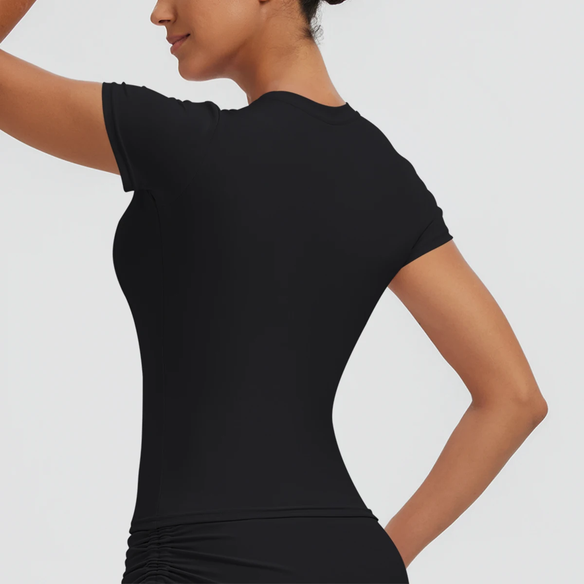 Neues Damen Sommer Yoga Kurzarm T-Shirt Lauf- und Radsport Einfarbiges Schnelltrocknendes Workout-Oberteil Enganliegend Atmungsaktive Yoga-Kleidung – Detail 14