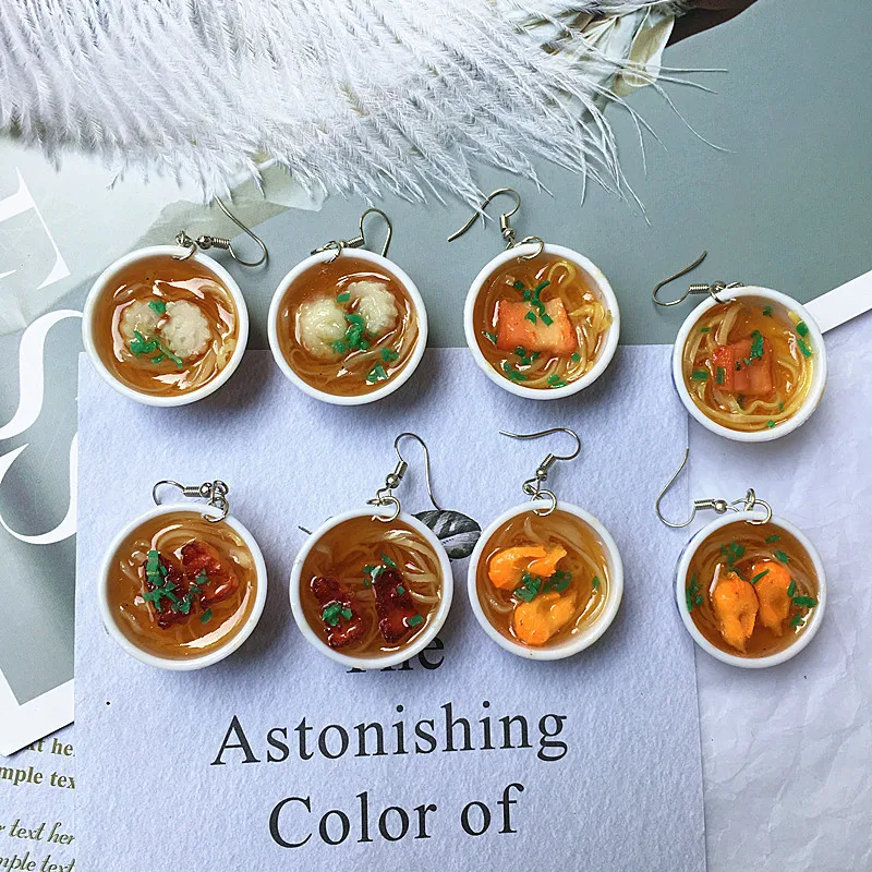 New 1 Pair Shrimp Ramen Pho Noodle Bowl Funny Earrings Gifts for Gourmet Restaurant Food Mini Jewelry