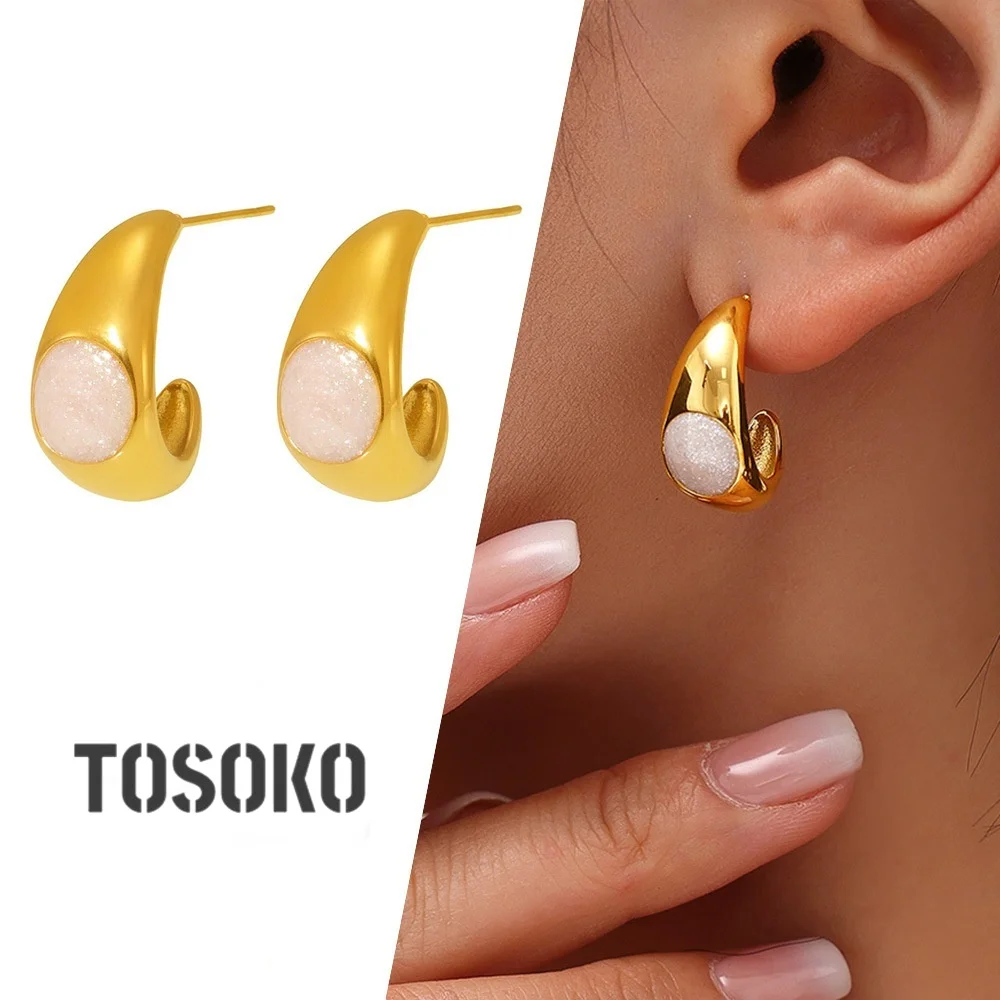 TOSOKO Elegant Pink Drip Oil Earrings For Women Retro Heavy Industry Titanium Steel Fashion Jewelry F1314