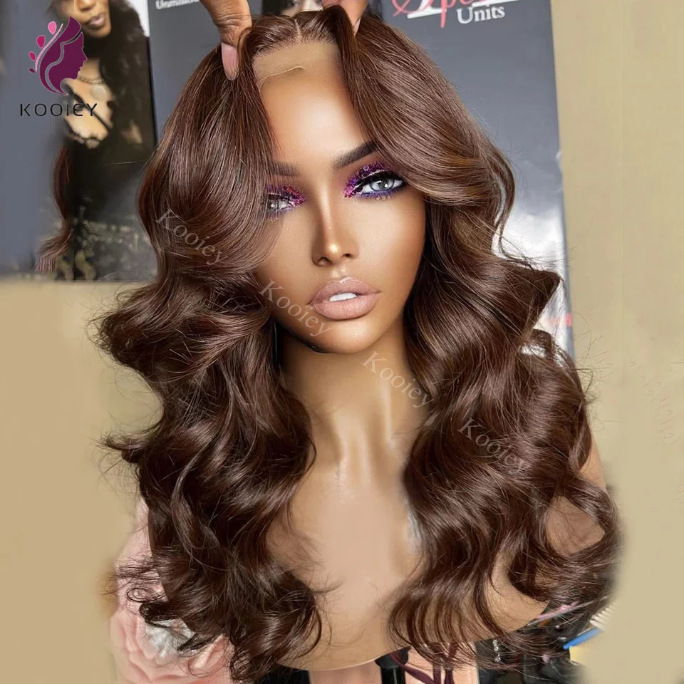 

Chocolate Brown Color #4 Body Wave 13x6 Lace Frontal Wig Indian Remy Human Hair Wigs 5x5 Silk Top Wig Pre-Plucked 200% Full End