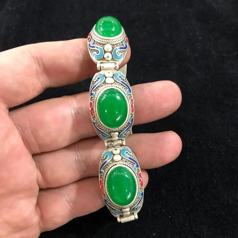 Retro Ethnic Collectible Copper Bangle, Cloisonne Craft with Inlaid Green Beads, Vintage Wide Statement Bracelet Unisex