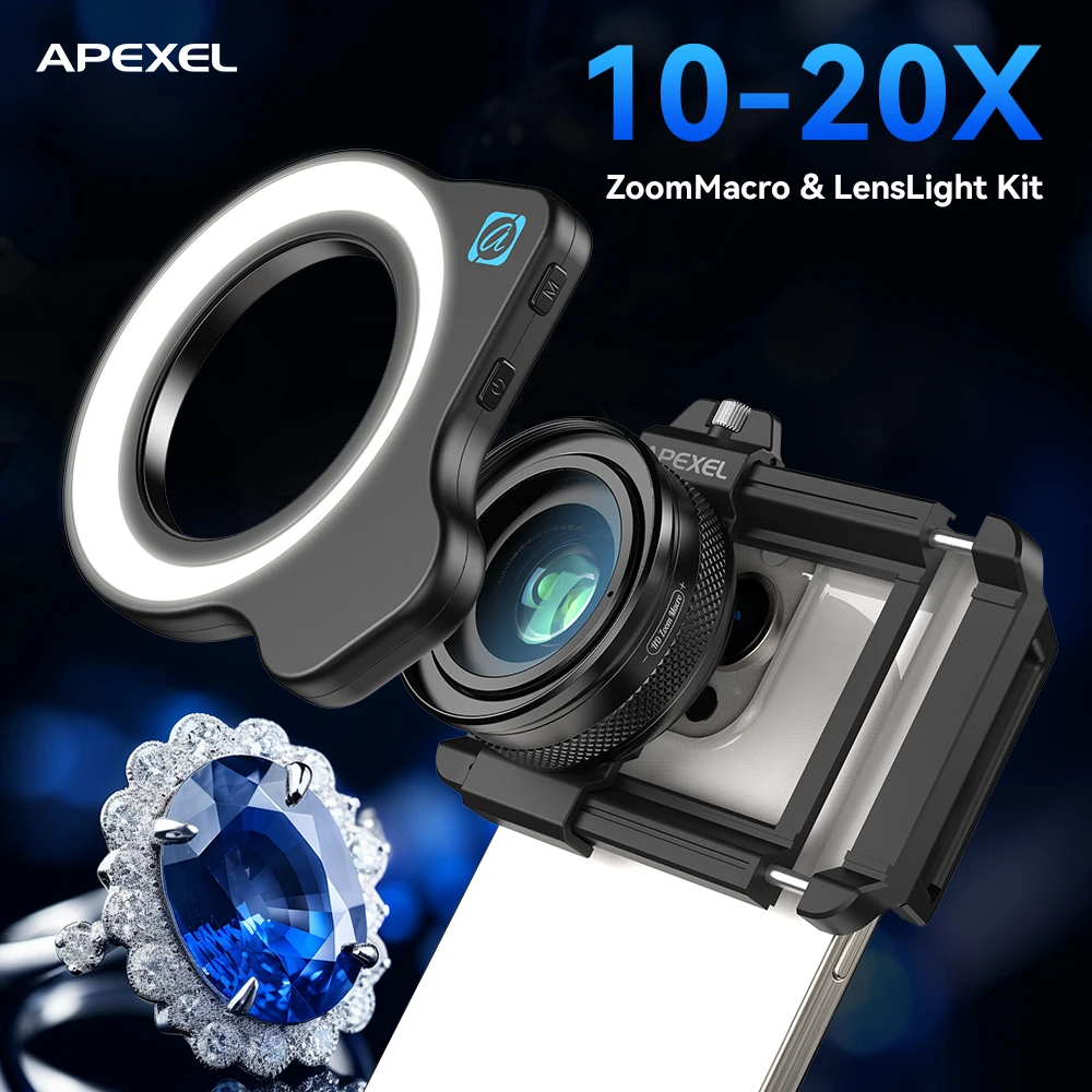 APEXEL 10-20X Adjustable Zoom Macro Phone Lens Kit with LED Ring Fill Light &Clip for Jewelry Plant Insect Close-up Photography