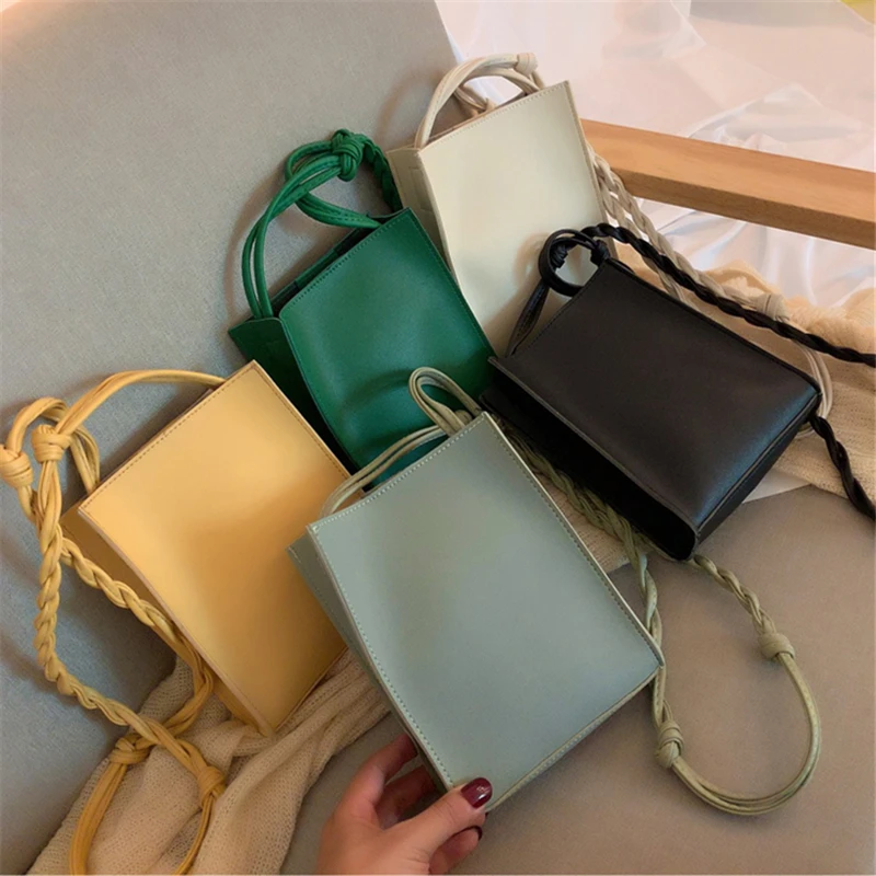 Girl Small Square Shoulder Bag Leather Weaving Belt Crossbody Bag Fashion Women Sloid Phone Pouch Vintage Messenger Package