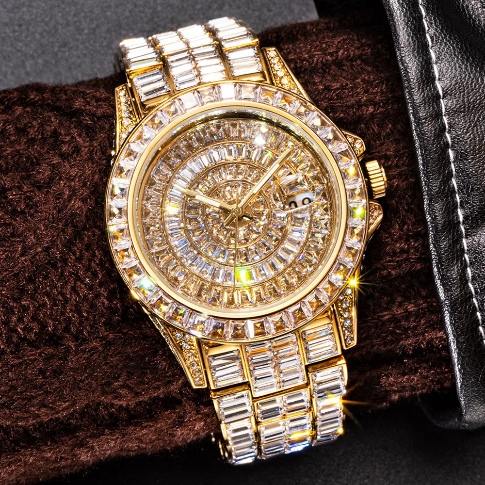 

Fully Baguette Diamond Watch For Men Top Luxury Gold Stainless Steel Automatic Date Quartz Wristwatch Hip Hop Ice Out Male Clock