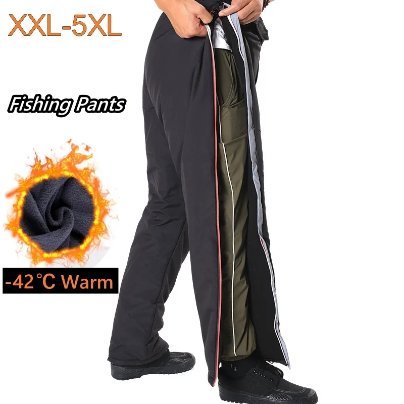 Winter Waterproof Hiking Fishing Pants Men Outdoor Warm Climbing Sports Cotton Fleece Pants Thermal Zipper Work Trousers 5XL