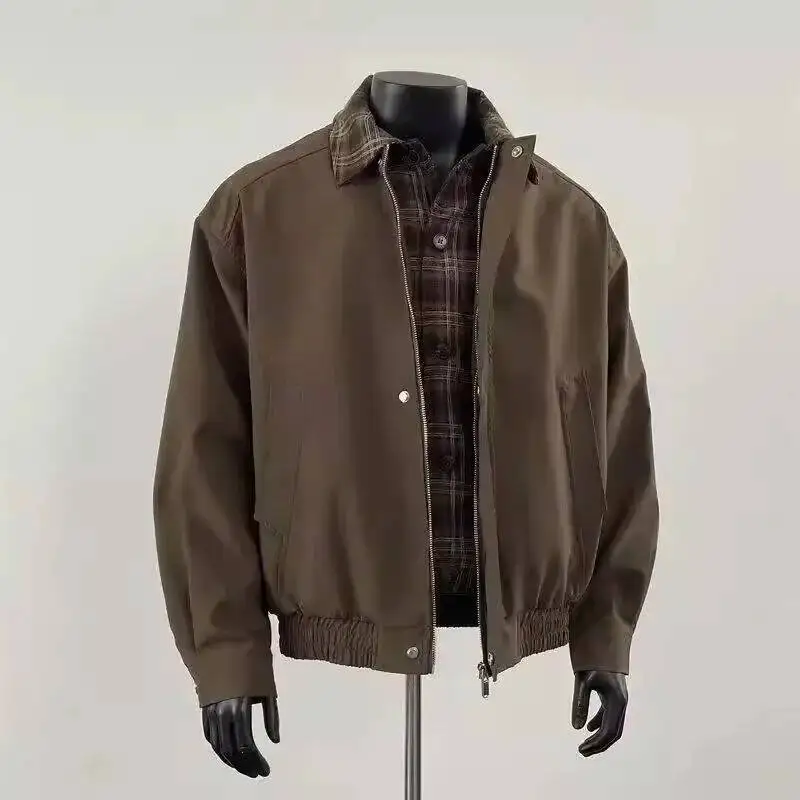 Chaqueta de hombre a la moda informal holgada con cuello corto a cuadros de estilo americano