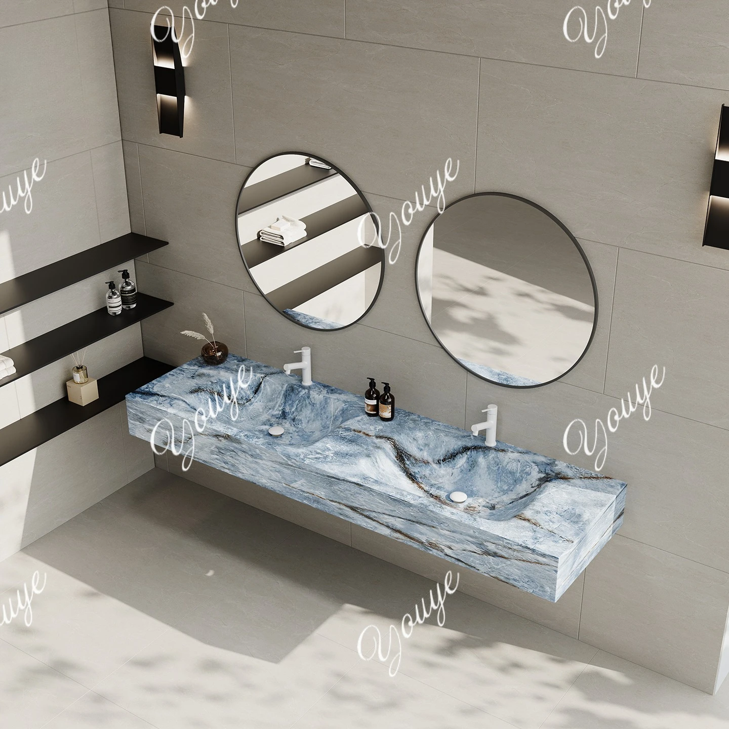 

Smoke Powder Rock Slab Hot Bending Integrated Double Basin Double Faucet Wall-mounted Washbasin Hotel Double Washbasin