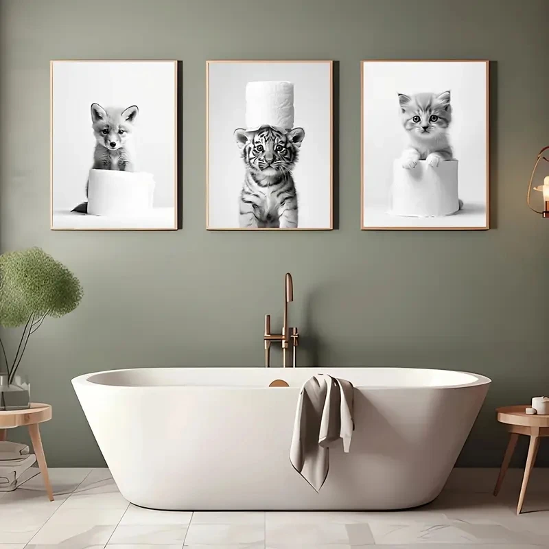 3pcs frameless Canvas Painting /Set Minimalist Animal Canvas Wall Painting Black White Cats Tigers Foxes with Toilet Paper Bathr