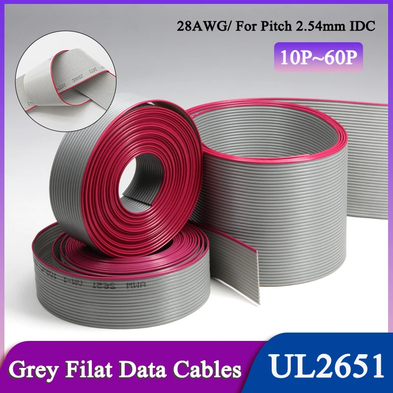 1~10m UL2651 28AWG Gray Flat Data Cable 1.27mm Wire 10 14 16 20 26 30 34 40 50 60 pins 300V for 2.54mm IDC Connector