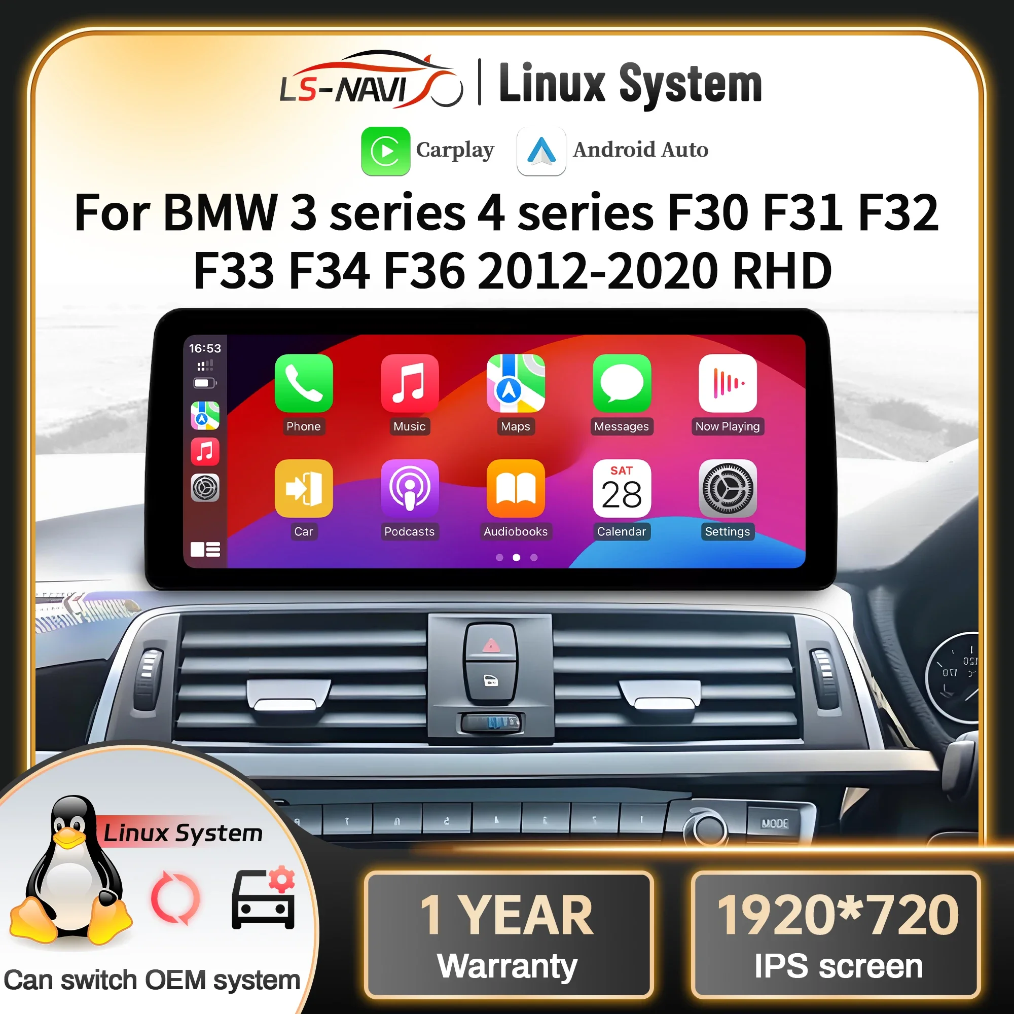 Linux Multimedia Screen Right Hand Drive Car Radio for BMW 3 Series 4 Series F30 F31 F32 F33 F34 F36 2012-2020 with carplay