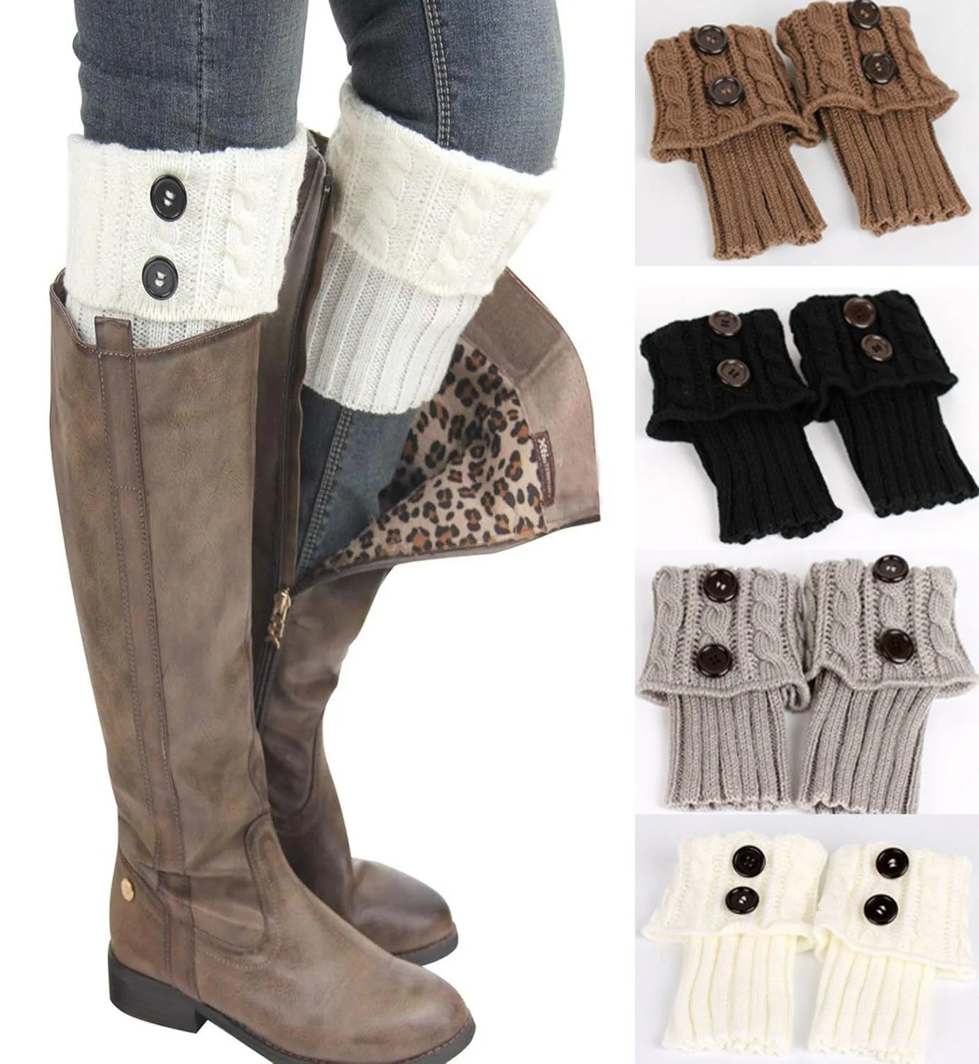 

5 Pairs Women Buttons Boot Cuffs Button Knit Boot Cuff Socks Short Cable Knit Leg Warmers