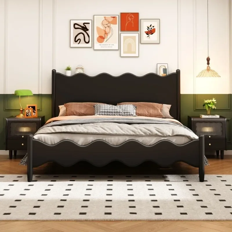 Nordic medieval style full solid wood modern simple wave bed 1.5 meters 1.8 meters retro double bed master bedroom we